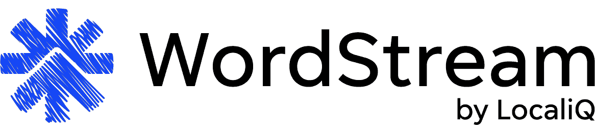 WordStream logo by LocaliQ, featuring a blue sketch-style icon next to the brand name in black text.